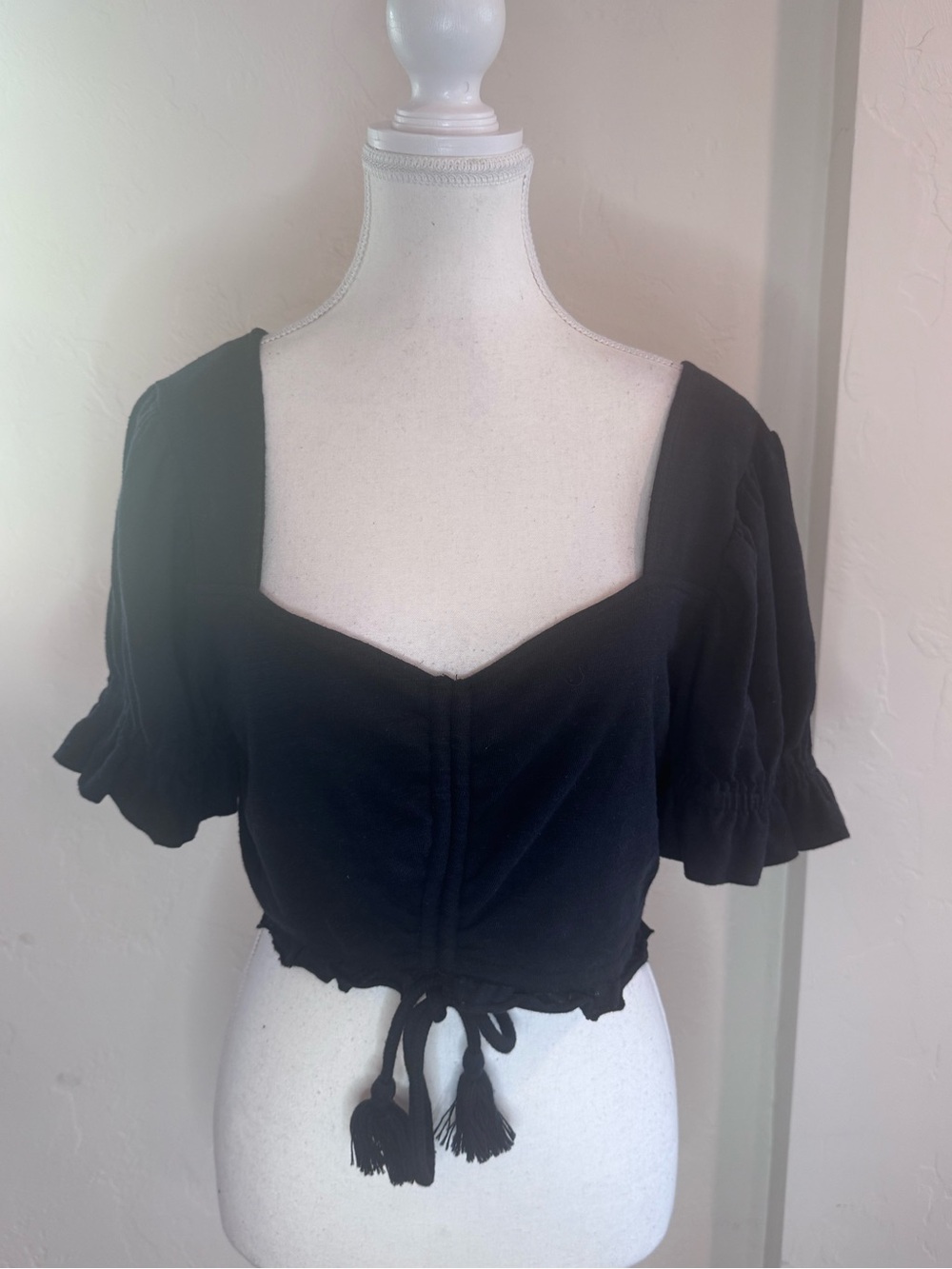 FP Beach Free People Black Puff Sleeve Sweetheart Crop Top Boho